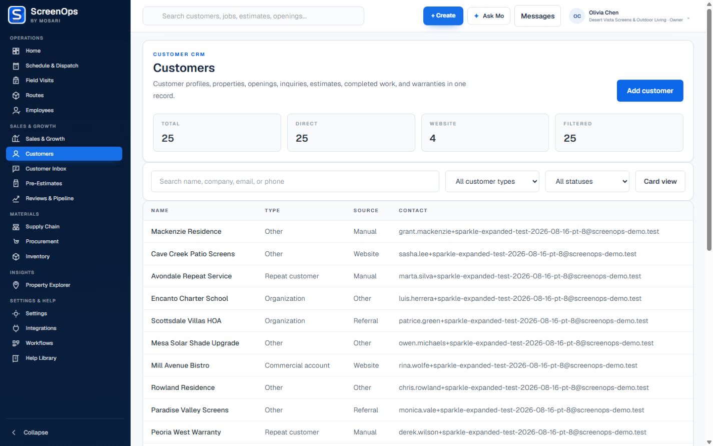 ScreenOps customer CRM containing fictional Arizona customer records.
