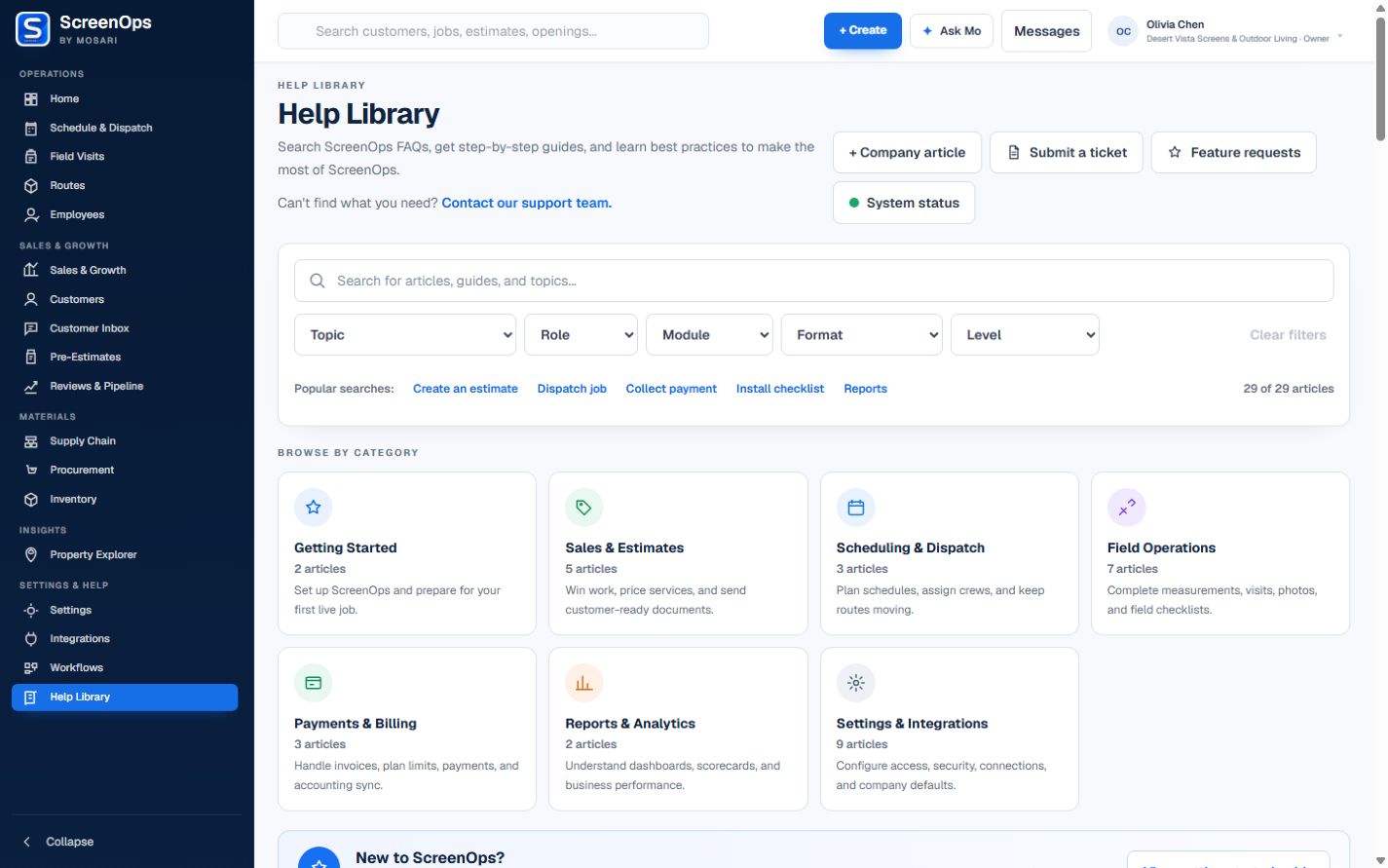 ScreenOps Help Library with searchable role-aware operating guides.