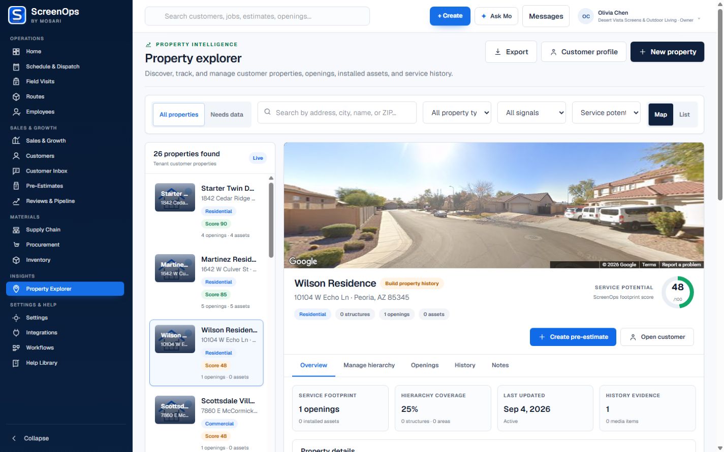 ScreenOps Property Explorer with street imagery and screen-service opportunity context.