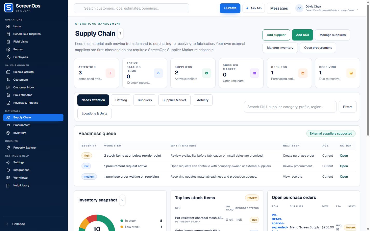 ScreenOps Supply Chain overview with suppliers, purchasing, receiving, and stock attention.