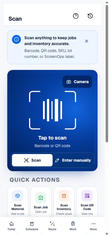 ScreenOps mobile scanning workspace for barcodes and QR codes.