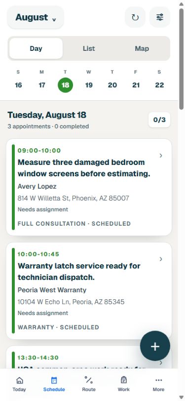 ScreenOps mobile schedule with three fictional appointments.