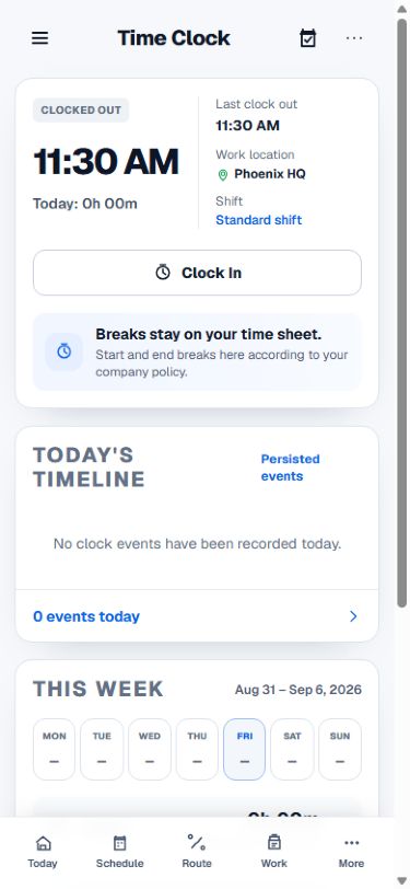 ScreenOps mobile time clock with shift and weekly time sheet context.