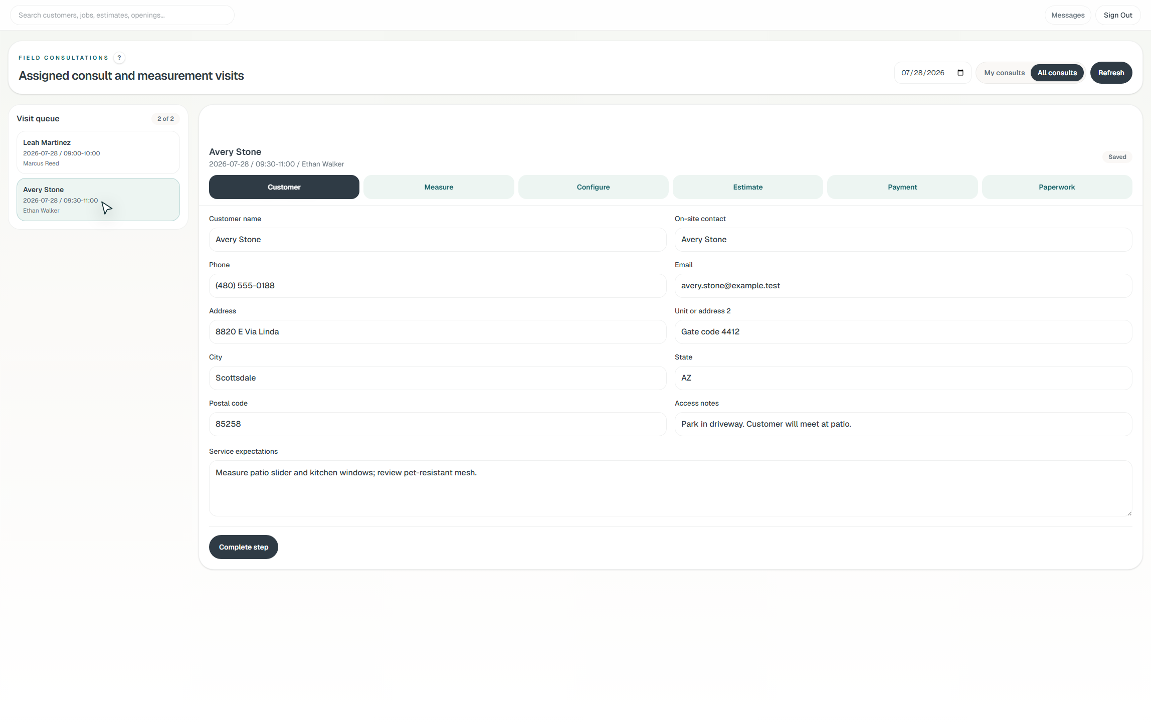 ScreenOps field consultation screen showing the Customer step for Avery Stone with contact, address, and service expectations.