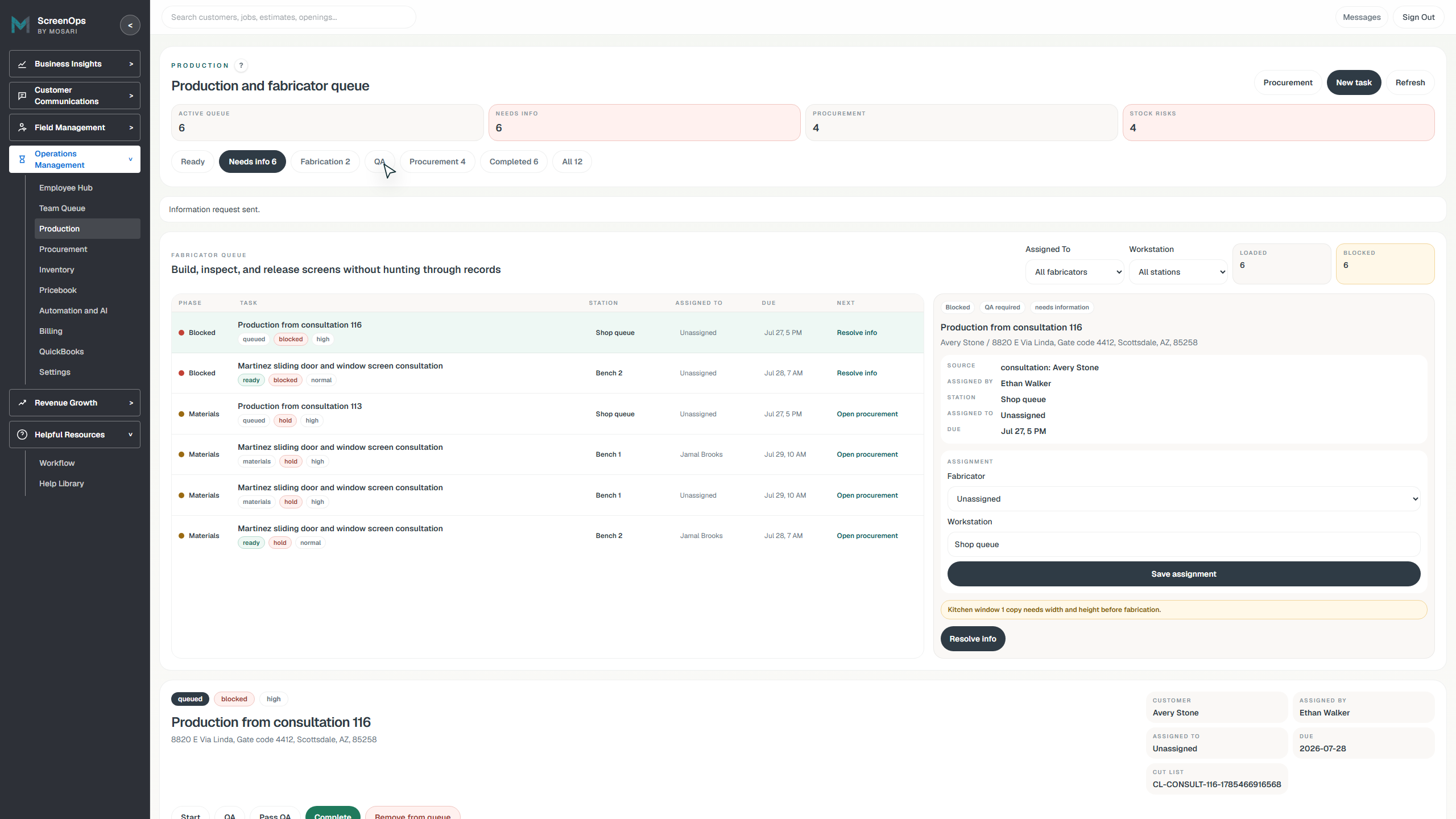 ScreenOps production and fabricator queue showing active tasks, status filters, and a selected consultation production item.